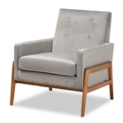 Baxton Studio Perris Mid-Century Modern Grey Velvet Fabric Upholstered and Walnut Brown Finished Wood Lounge Chair